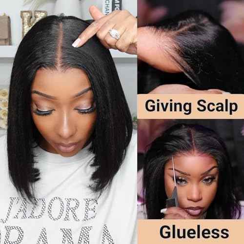 Julia Hair 12 Inch Light Yaki Straight Bob Wig 100% Human Hair Glueless Bye Bye Knots 7x5 Hd Lace Pre Cut Plucked Short Wig Natural Color Straight Bleached Knots Side Part Black Wigs