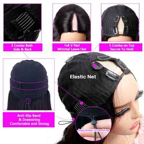 Xagujpo Glueless V Part Wig Human Hair Body Wave for Black Women Upgrade U Part Human Hair Wig 100% Beginner Friendly No Sew In No Glue 180% Density Natural Color (18 inch)