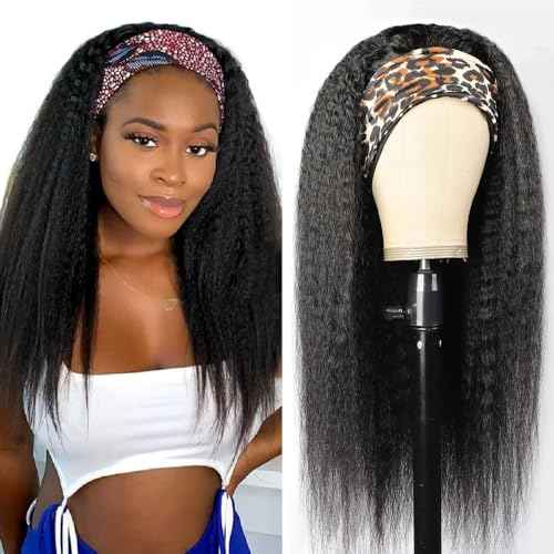 TNICE Kinky Straight Headband Wig Human Hair 26 Inch Headband Wigs for Black Women Glueless None Lace Front Yaki Straight Human Hair Headband Wig Brazilian Virgin Hair Wigs Natural Black 180% Density