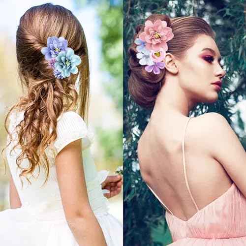 21 PCS Hair Flowers Boho Hair Barrettes Accessories Hawaiian Silk Flower Clips Girls Purple Blue Floral Bride Headpiece Festival(BLUE & PURPLE)