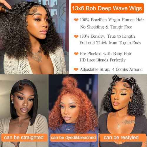 Bob Wig Human Hair 13x6 Deep Wave Lace Front Wigs Human Hair HD Transparent Lace Frontal Wigs for Women Deep Curly Wig Pre Plucked 14 Inch