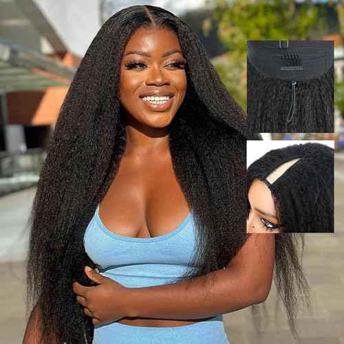 Cheetahbeauty Kinkystraight V Part Wig Human Hair with Elastic Drawstring 18 Inch No Leave Out Lace Front Wigs Upgrade Glueless U Part Wigs 180% Density Yaki Straight Half Wigs for Women Natural Color