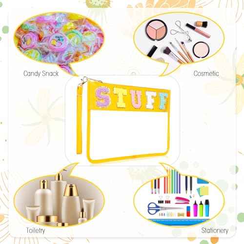 Nuanchu 9 Pcs Clear Chenille Letter Bag Stuff Pouch PVC Waterproof Preppy Cosmetic Makeup Bag Snack Travel Beach Pouch with Wrist Let for Teen Women Gifts Operation Christmas Thanksgiving Gifts Items