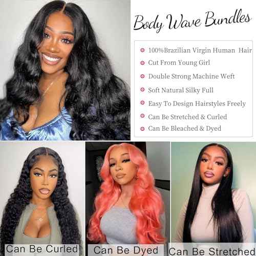 12A Human Hair Bundles 22 24 26 Inch Body Wave Bundles Human Hair Unprocessed Brazilian Virgin Hair 3 Bundles Weave Extensions Natural Black Color Bundle