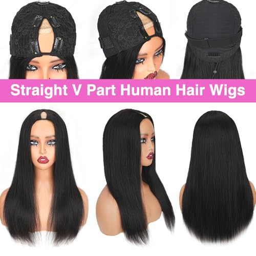CHEETAHBEAUTY V Part Wigs Human Hair Straight V Shape Wigs for Black Women Upgrade U Part Wigs No Leave Out No Sew In No Glue Clip in Half Wigs 180% Density Natural Black 10Inch