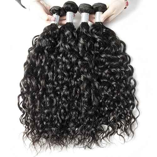 Brazilian Water Wave with Lace Closure - Wet and Wavy Hair, Deep Curly Human Hair 5 Bundles (50g/bundle) with 4x4 Lace Closure (16/16/16/16/16+16")