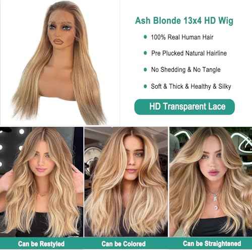 Ash Blonde Highlight Wig Human Hair, Wear and Go Glueless 13x4 Frontal Wig Ombre Colored Balayage Blonde with Brown Lace Front Wigs Human Hair 180% Density Thick Ends Free Part Lace Wigs for Women 22"