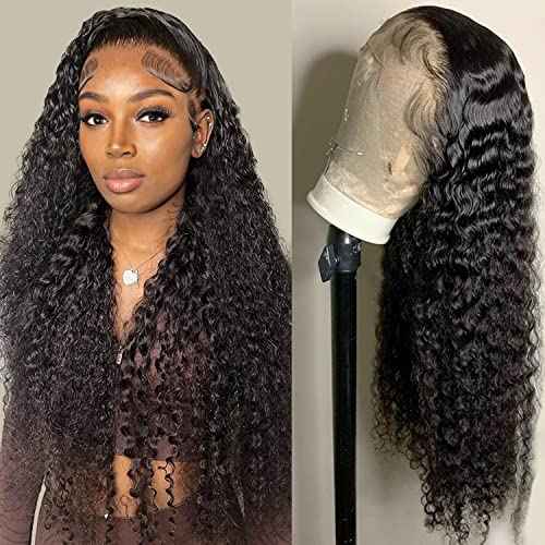 Deep Wave Lace Front Wigs Human Hair 13x4 HD Transparent Lace Frontal Curly Wigs for Women Human Hair 180% Density Glueless Wigs Human Hair Pre Plucked with Baby Hair Natural Color (28 Inch)
