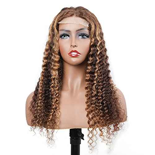 BLY Highlight Human Hair Lace Front Wigs Deep Wave #4/27 Ombre Colored Glueless Wigs Pre Plucked 22 Inch 4x4 Transparent Curly Water Wave Lace Wig Honey Blonde Real Human Hair 180% Density