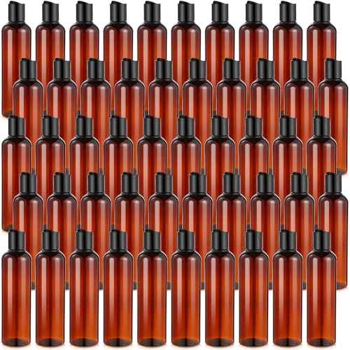 Mimorou 50 Pcs 8.5 oz Plastic Squeeze Bottle with Disc Top Flip Cap Empty Amber Refillable Container Small Travel Toiletry Bottle with Black Cap for Lotion Shampoo Oil Body Soap Creams