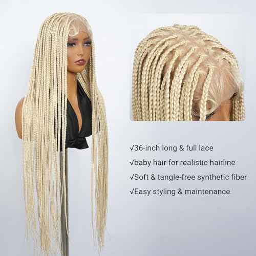 YMSGlRL 36 Inch 613 Knotless Braided Wigs for Women Box Braided Full Lace Premium Synthetic Wig with Baby Hair Long Box Braid Wig with Natural Hairline Look