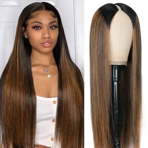 Highlight V Part Wigs Human Hair Straight Brazilian Virgin Human Hair Wigs Ombre Brown Upgrade U Part Wigs 180% Density Glueless Full Head Clip In Half Wigs 20inch #FB30