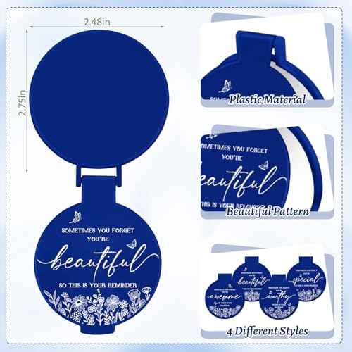 100 Pcs Inspirational Compact Mirror Bulk Small Pocket Mirror Purse Round Portable Folding Makeup Mirror Thanksgiving for Women Coworker Employee Teacher(Blue)