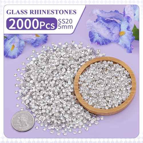 2000PCS SS20/5mm Crystal Rhinestones (Clear), Bedazzling Flatback Glass Rhinestones for Crafting Decor, Gems Diomand Charms for Tumbler Shoes Clothing Mugs Nail Art