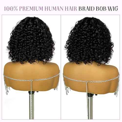 Smavida Short Deep Curly Bob Boho Braid Human Hair Wigs 10 Inch 180% Density Glueless 5X5 HD Lace Closure Box Braid Wigs Pre Plucked with Baby Hair Nature Black Curly Knotless Braided Wig for Women