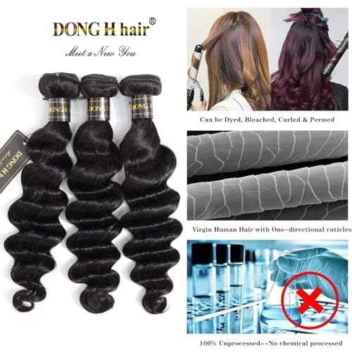 Peruvian Loose Deep Wave Bundles with Closure, (14"16''18"+12Closure)8A Peruvian Virgin Hair Loose Deep Hair Bundles with 4X4 Free Part Top French Lace Closure Natural Black