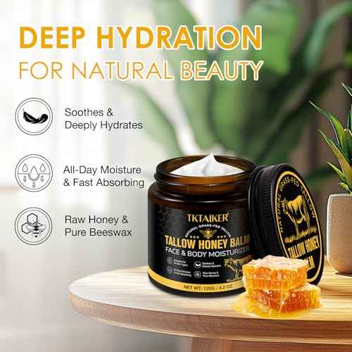 Beef Tallow for Skin, Beef Tallow for Face, Hydrating Tallow Balm with Raw Honey and Beeswax, Grass-Fed Beef Tallow & Raw Wild Honey Blend, Body & Face Moisturizer, Natural Formula, Light Scent