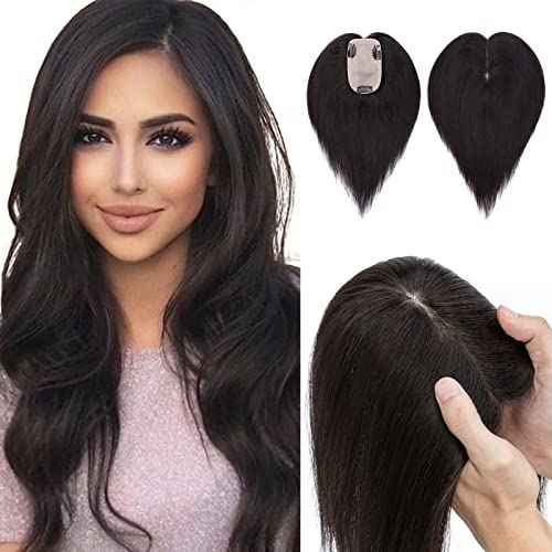 Hairro Human Hair Toppers for Women, Clip in Real Hairpieces, 130% Density 3"x5" Silk Base with Free Parting, for Covering Greyish Thinning Hair Loss/Adding Volume, 8 Inch Natural Black