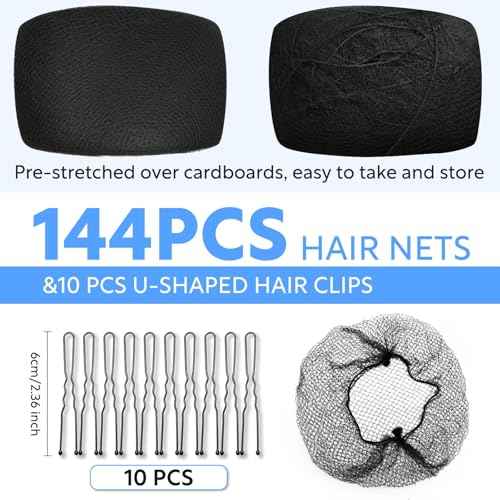 154Pcs Hair Net Black Set - 24 inches Invisible Elasticity Elastic Mesh Nylon Hair Net 144 Pcs - Kitchen Food Service Worker, Ballet Bun,with 10pcs U Shaped Hair Pins 2.4inch