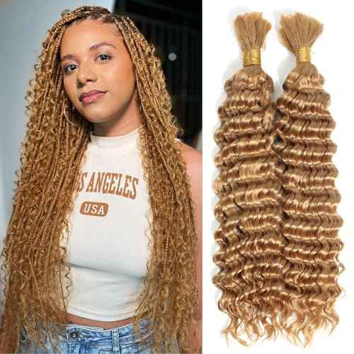 Urbeauty Human Braiding Hair #27 Color, Deep Wave Bulk Human Hair for Micro Braiding No Weft, Curly Human Hair for Boho Braids, Knotless/Goddess/Bohemian/Gypsy/18/20 Inch 100gram