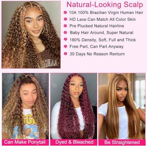 Ombre Lace Front Wig Human Hair Highlight Deep Wave 5x5 Hd Lace Closure Wigs Human Hair 4/27 Colored Glueless Honey Blonde Wig Human Hair Wig Pre Plucked Wet Wavy Curly Wig 180 Density 24 Inch