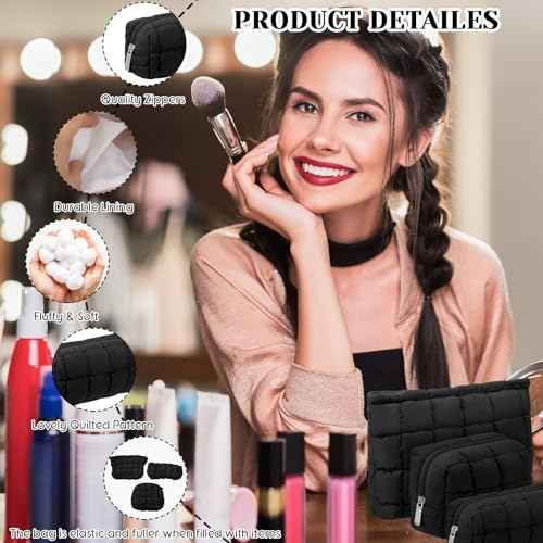 3 Pcs Puffy Makeup Bag Quilted Cosmetic Pouch for Women Cute Checkered Travel Toiletry Bag Puffer Makeup Organizer Purse Pouch Preppy Pencil Case with Zipper
