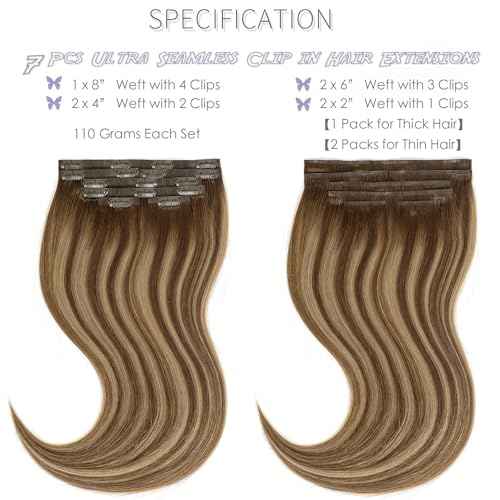 Lacer Hair Natural Balayage Hair Clip in Extensions Invisible PU Skin Weft 20 Inch Ombre Chocolate Brown to Caramel Blonde 7pcs 110g Seamless Silky Straight Hair Extensions Clip in Full Head R#4-4/27