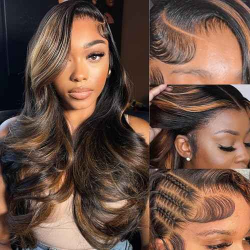 IDHERE 22 Inch Ombre Lace Front Wig Human Hair Pre Plucked 1B/30 Highlight 13x4 Lace Front Wigs Human Hair 180% Density Body Wave Colored Wigs Brown Glueless HD Lace Frontal Wigs for Women