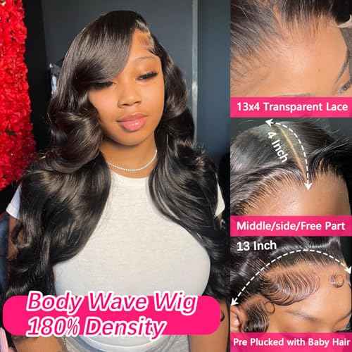 Human Hair Wig Body Wavy 13x4 HD Lace Front Wig 28Inch Human Hair Wigs Glueless Pre Plucked 180% Density Virgin Hair Natural Black (1B) For Women