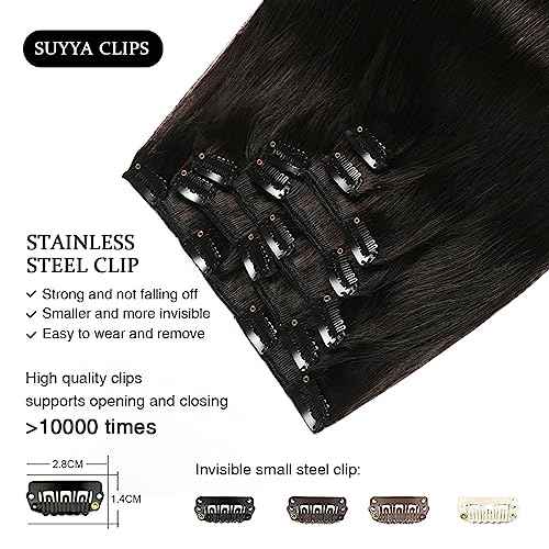 SUYYA Real Human Hair Clip in Extensions - Straight, Double Weft Natural Black Hair - Clip ins 7pcs 120g (18 inches #1B Off Black)