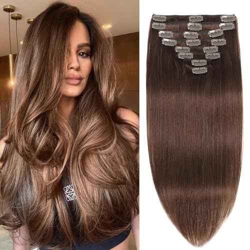 Clip in Hair Extensions Real Human Hair, Seamless Clip ins Real Human Hair for Women, Remy Human Hair Clip in Extensions, Double Weft 8pcs 24 inch Chocolate Brown