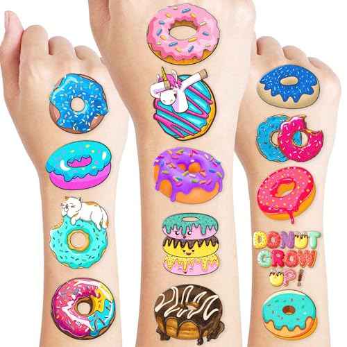96PCS Donut Temporary Tattoos ? Doughnut Themed Two Sweet or Donut Grow Up Birthday Party Decorations, Favors, and Supplies for Kids Boys Girls, Cute Stickers, School Prizes and Rewards