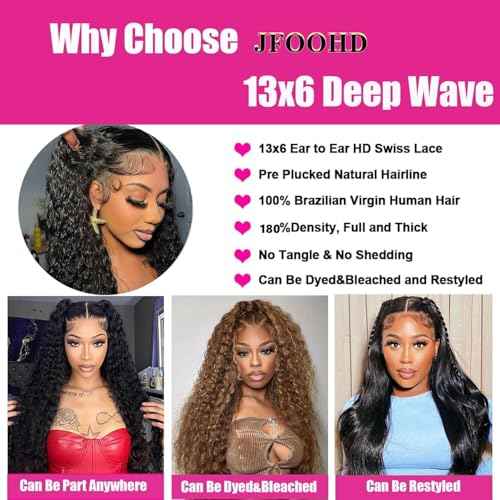 13x6 Deep Wave Wigs Human Hair Deep Wave Lace Front Wigs Human Hair 200% Density HD Lace Frontal Wigs for Balck Women Pre Plucked Glueless Deep Curly Wig Natural Black (16 Inch)