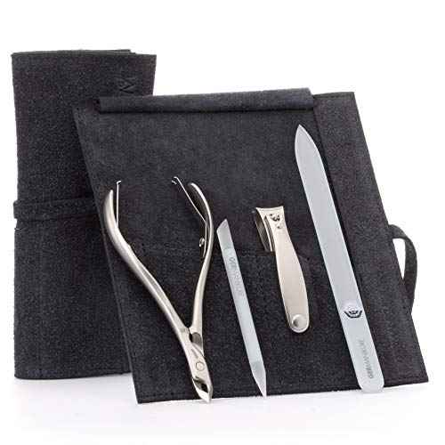GERMANIKURE 4pc Manicure Set in Black Suede Case - FINOX Stainless Steel Tools Made in Germany, Glass Nail Care Supplies Made in Czech Republic ? Professional Cuticle and Nail Care Kit
