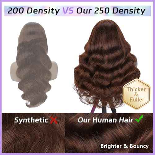 250 Density Body Wave Chocolate Brown Wig, 13x6 Lace Front Wigs Human Hair Pre Plucked, 100% Real Human Hair 4# Brown Wig for Women 20 Inch