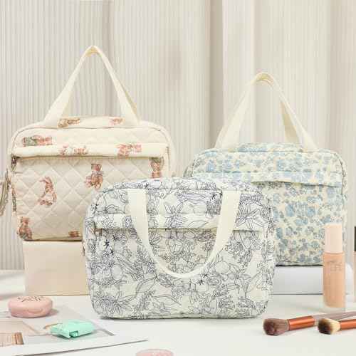 Large Size Quilted Coquette Makeup Bag, Cute Preppy Floral Cotton Travel Cosmetic Organizer Bag with Top Handle, Multi-Layer Travel Toiletry Pouch for Girls (04Bear)
