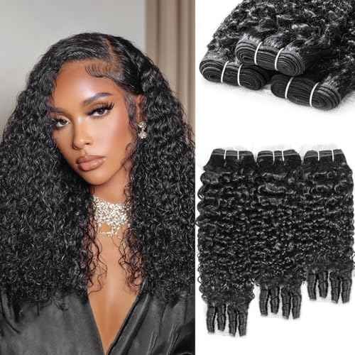 ALLRUN Burmese Curly Bundles Human Hair 3Pcs 16 18 20 Inch Raw Curly Human Hair Bundles with Spiral Ends 3C4A Quick Weave Hair Extensions for Women, Natural Black