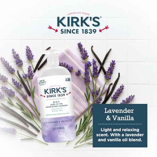 Kirk's 3-in-1 Head to Toe Nourishing Liquid Cleanser- for Men, Women & Children - Premium Coconut Oil & Aloe Vera- Non GMO & Vegan - Lavender and Vanilla - 32 Fl Oz.