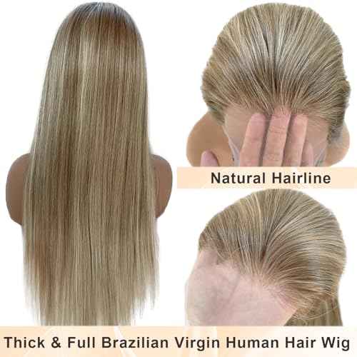 Highlight 13x4 HD Lace Front Wig Human Hair 22 Inch Balayage Ash Brown to Beige Blonde to Platinum Blonde Human Hair Lace Frontal Wig for White Women Glueless Wigs 180% Density Colored Remy Hair Wigs