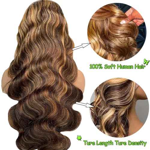 28 Inch Highlight Honey Blonde Lace Front Wig 13¡¿6 Ombre P4/27 Highlight colored Lace Front Wigs Human Hair Pre Plucked Bleached Knots 180% Density