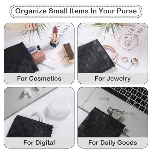 Sightor 2PCS Small Makeup Bag for Purse, Mini Cosmetic Bag Waterproof Pouch for Women, Checkered Purse Self-closing Small Travel Kit Coin Lipstick Cosmetic Storage Bag (Black, Beige)