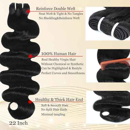 12A 16 18 20 22 Inch Human Hair Bundles Body Wave Bundles Human Hair Thick 4 Bundles 100% Unprocessed Virgin Human Hair Quick Weave Real Human Hair Extensions Natural Black for Women