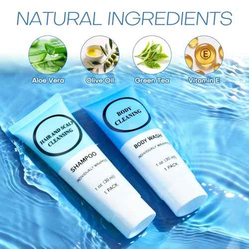 Travel Size Shampoo and Body Wash Bulk, Individually Wrapped Hotel Mini Shower Gel and Small Men Women Cleansing Toiletries Amenities for Hotel/Vacation/Homeless 1 oz (3.7inch, Count, 60)