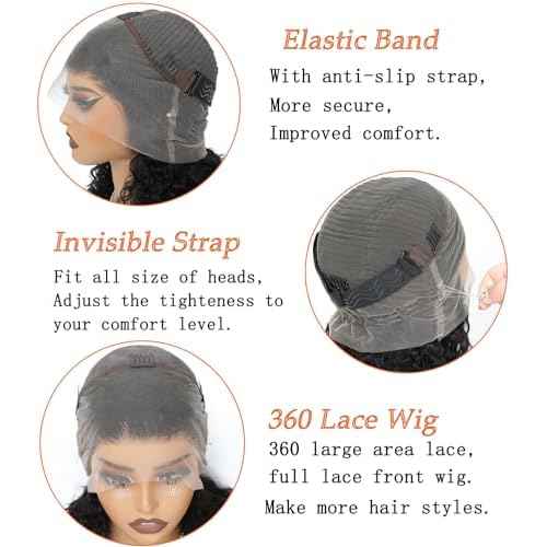 ONICE Deep Wave 360 Lace Front Wigs Human Hair With Drawstring Hidden Strap 360 Full Lace Frontal Wig For Black Women Glueless Wigs Human Hair (Curly Wig 22 Inch)