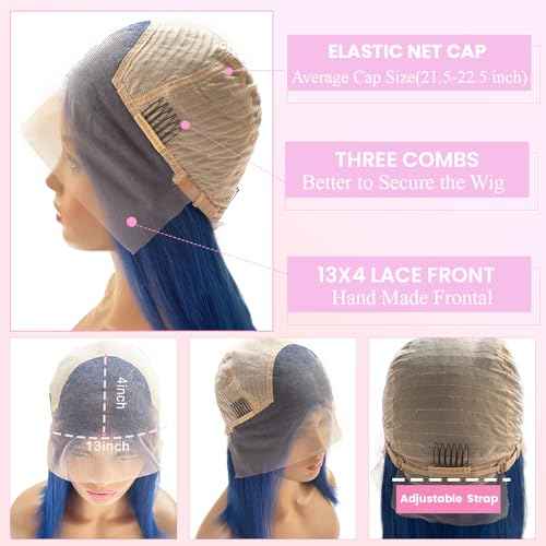16 Inch Blue Bob Wig Human Hair 13x4 HD Lace Front Wigs Human Hair Pre Plucked with Baby Hair Glueless Bob Wig Human Hair 180% Density