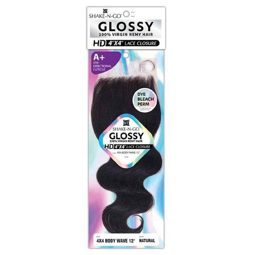 Shake N Go Virgin Remy Hair Lace Closure Glossy 4X4 Body Wave 12" (Color:NATURAL)