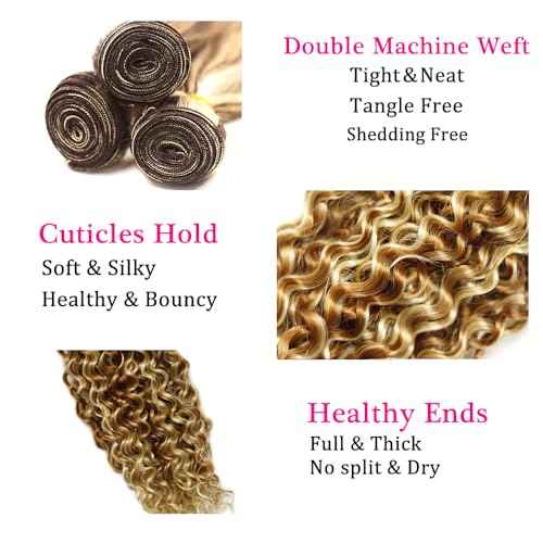 28 30 32 Inch P30/613 Human Hair Bundles Blonde Kinky Curly Human Hair Bundles Light Brown Bundles 613 Bundles Human Hair #30 Kinky Curly Bundles Hair Extensions
