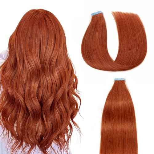 Tape in Extensions Human Hair #350 Copper 22 inches 20pcs 50g/pack Straight Seamless Weft Skin Invisible Thick Tape in Hair Extensions Real Human Hair(22 inches #350 Copper)