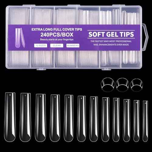 240Pcs Square Soft Gel Nail Tips, Long Square Nails, 12 Sizes Full Cover Acrylic Fake Nails Straight Clear False Nail Extension for Beginner and Professional Home Salon DIY