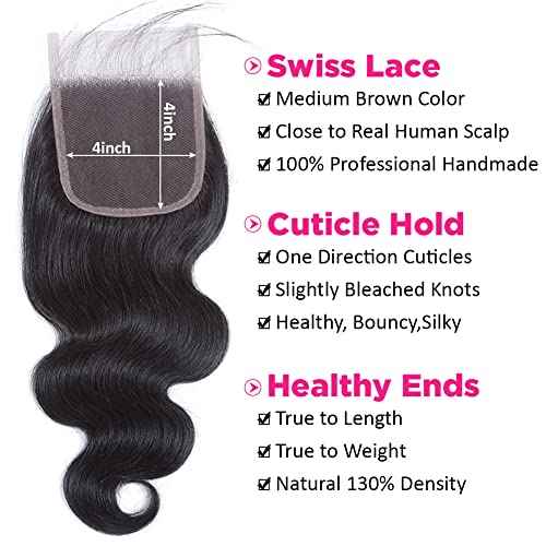 Flady Body Wave Brazilian Virgin Human Hair 3 Bundles With Closure - 12A Unprocessed 100% Virgin Hair